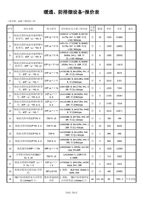 暖通、防排烟设备-报价表