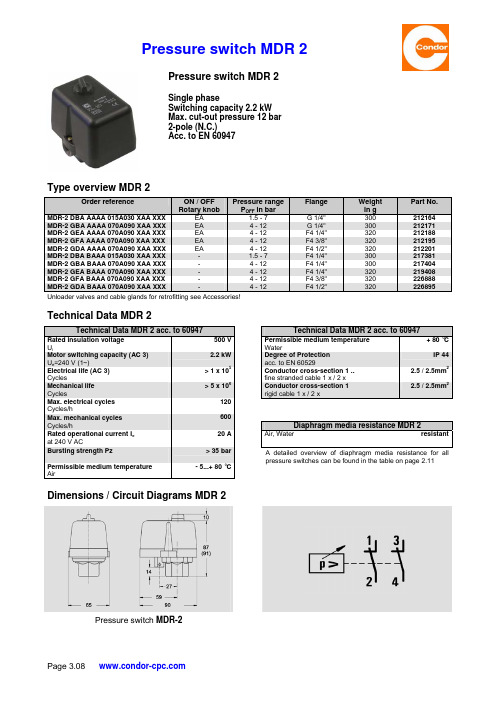 Condor MDR 2 压力开关产品说明书