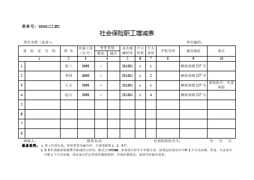 《社会保险职工增减表》例表