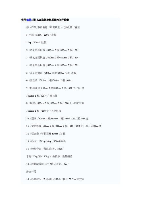 常用建筑材料见证取样检测项目的取样数量