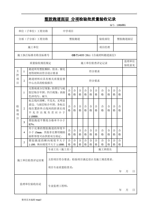 塑胶跑道检验批质量验收记录