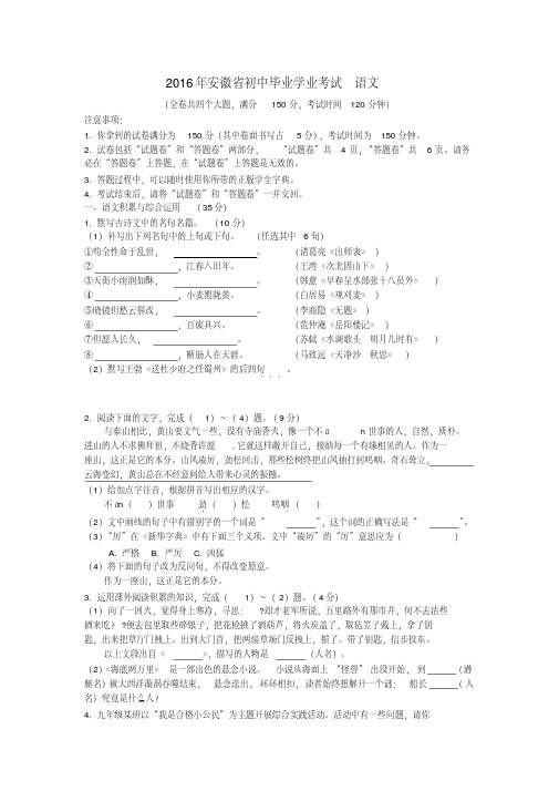 2016年安徽中考语文真题及答案详解