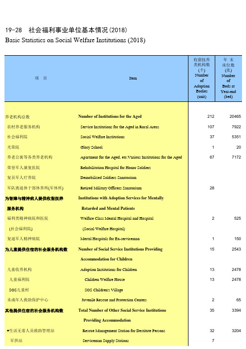 甘肃社会发展经济数据：19-28 社会福利事业单位基本情况(2018)