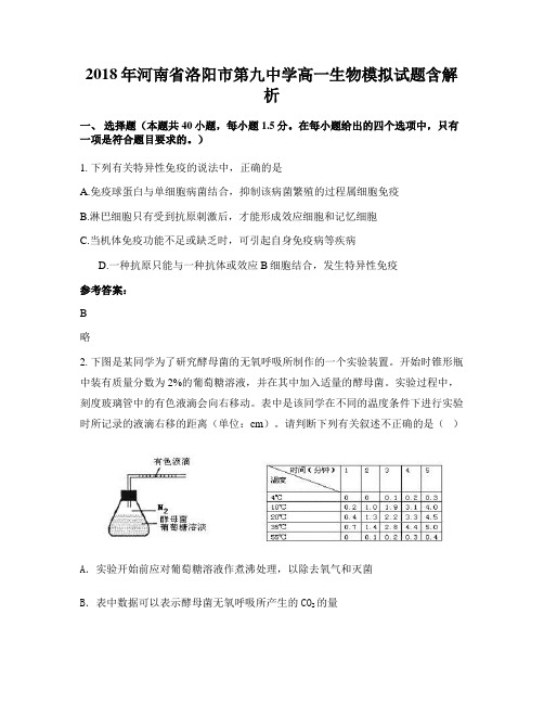 2018年河南省洛阳市第九中学高一生物模拟试题含解析