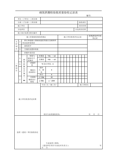 砌筑拱圈检验批质量验收记录表