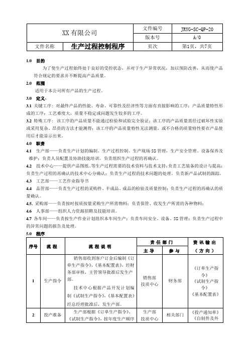 20 IATF16949：2016 程序文件-SC-QP-20 A.0版 生产过程控制程序