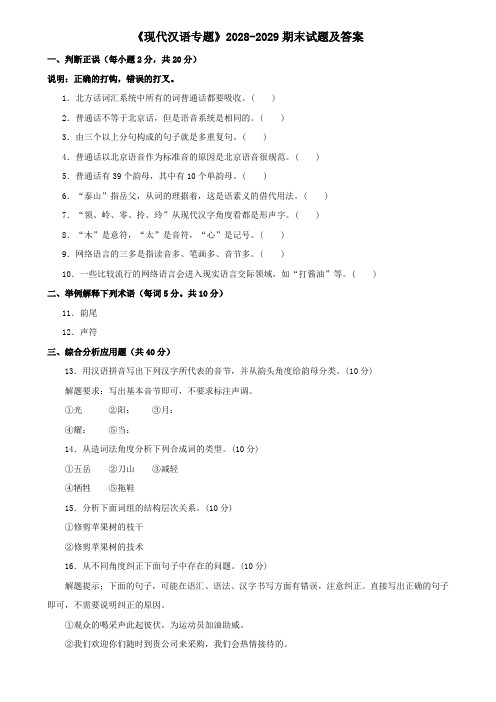 《现代汉语专题》2028-2029期末试题及答案