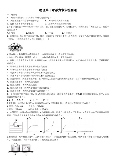 人教版物理第十章浮力章末检测题(含答案)