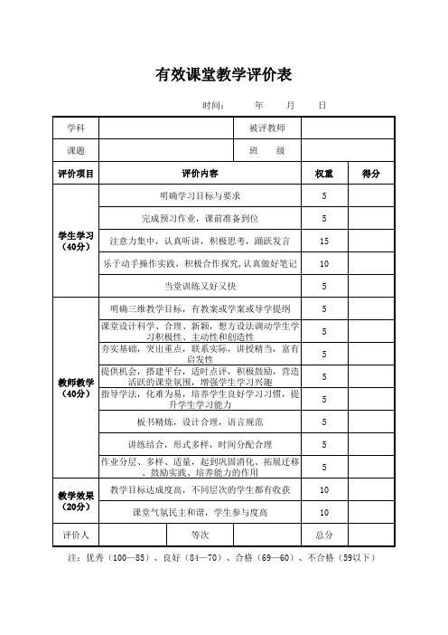 有效课堂教学评价表