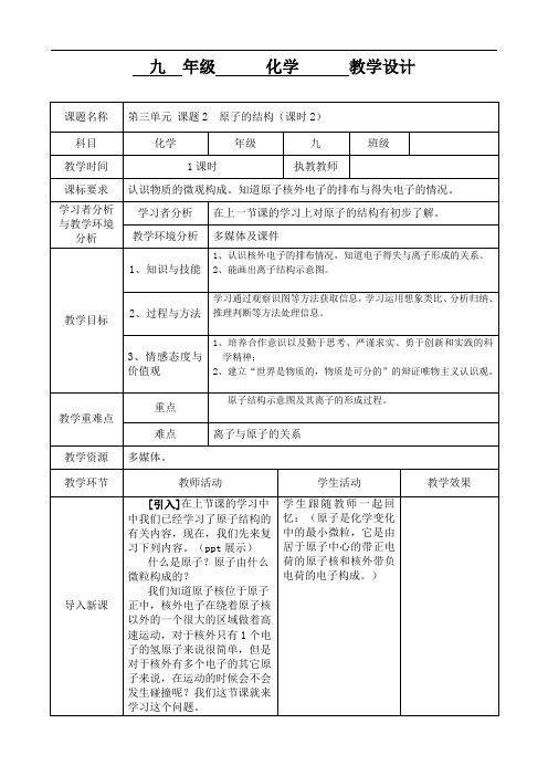 人教版化学九年级上册-3.2原子的结构-教案