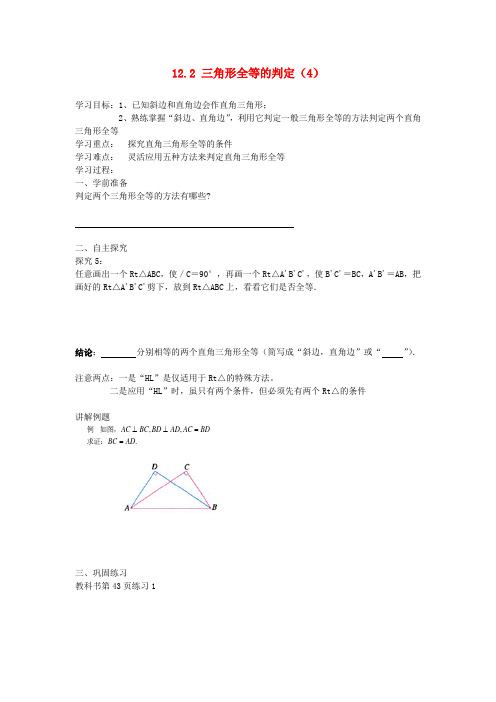 八年级数学上册12.2三角形全等的判定(第4课时)学案(新版)新人教版