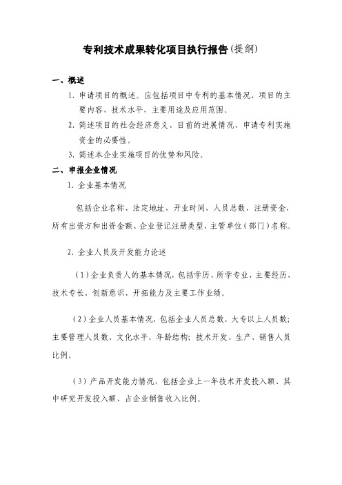 专利技术成果转化项目执行报告（提纲）