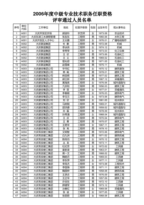 2006年度中级专业技术职务任职资格