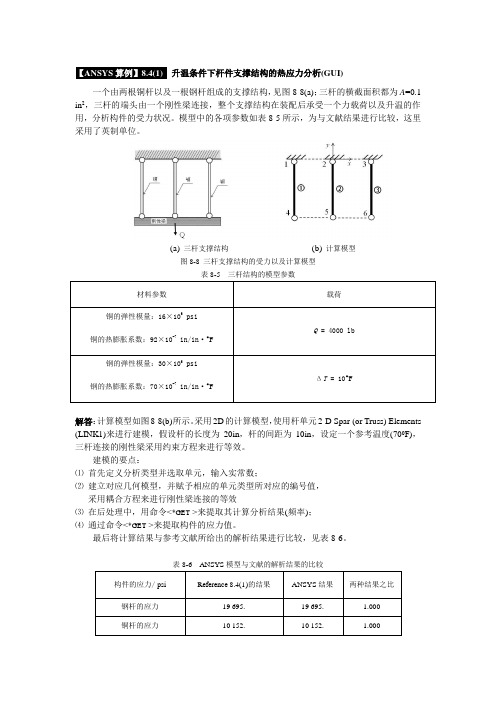 【ANSYS算例】8.4(1)及8.4(2)  升温条件下杆件支撑结构的热应力分析(GUI)及命令流