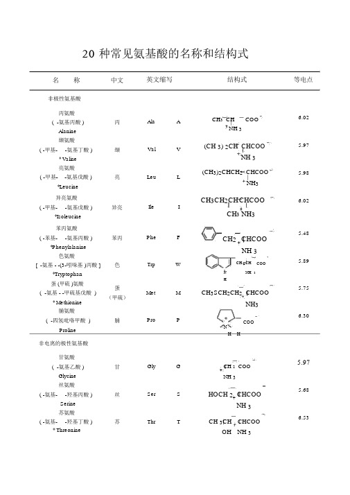 20种常见氨基酸的名称、结构及分类