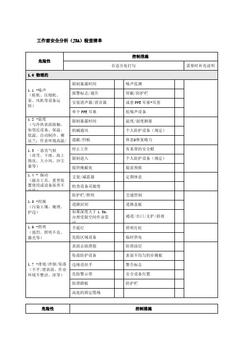 工作前安全分析(JSA)检查清单