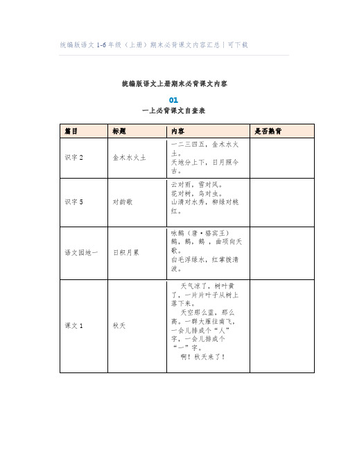 统编版语文1-6年级(上册)期末必背课文内容汇总丨可下载