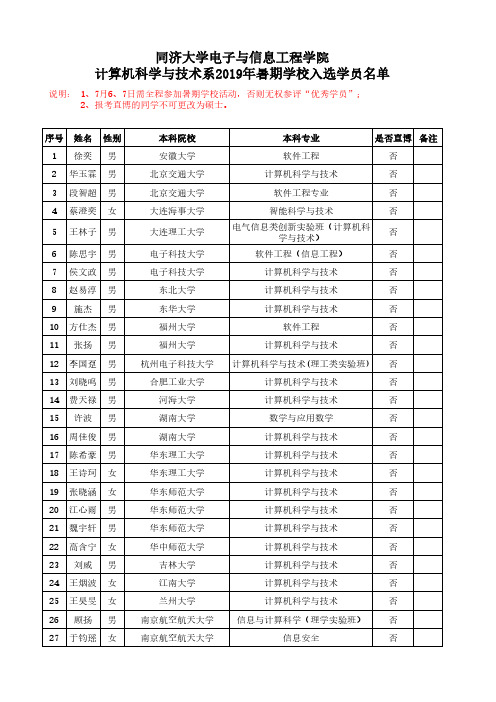 同济大学电子与信息工程学院计算机科学与技术系2019年暑