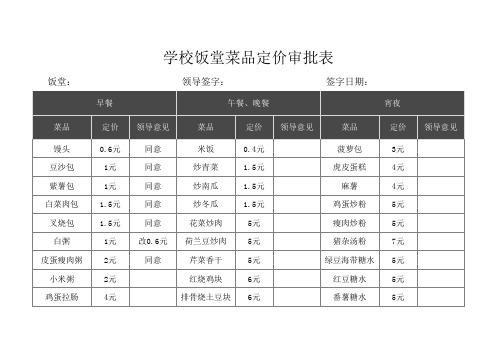 学校饭堂菜品定价审批表模板