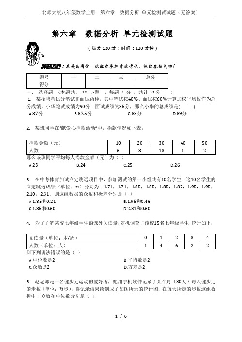 北师大版八年级数学上册  第六章  数据分析 单元检测试试题(无答案)