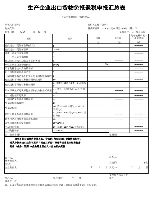 免抵退纳税申报汇总表