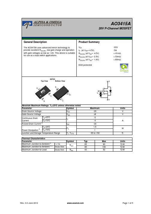 AO3415A SOT-23-3L PMOS Vds-20V 规格书AO推荐