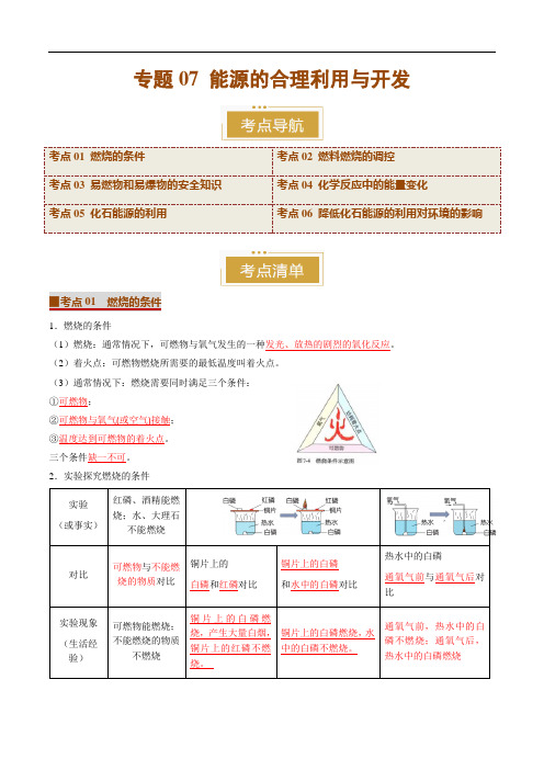 2024-2025学年九年级化学上学期期末考点大串讲(人教版2024)专题07 能源的合理利用与开发