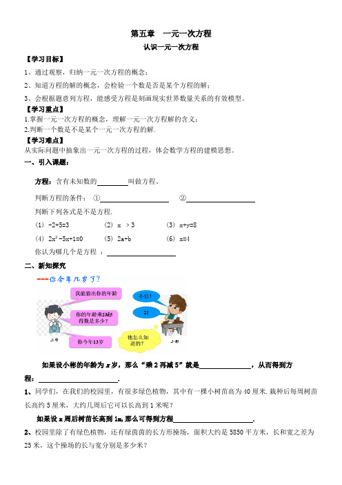 初中数学七年级上册第五章 一元一次方程认识一元一次方程教学设计