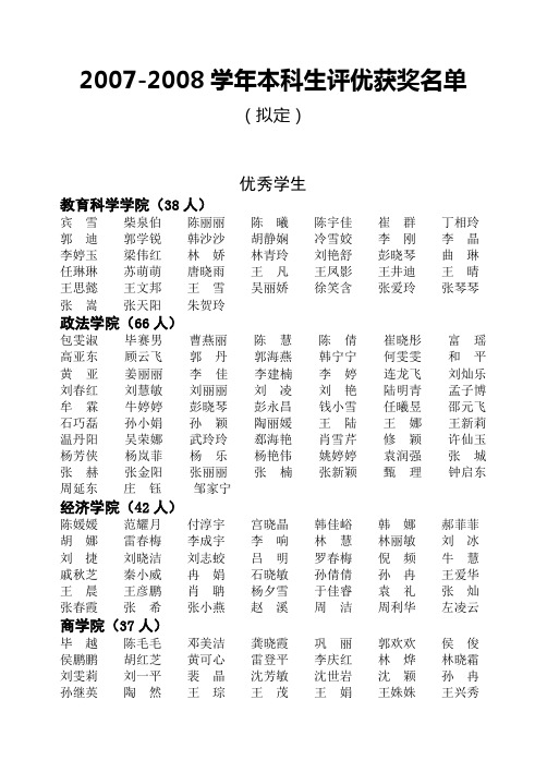 2007-2008学年本科生评优获奖名单