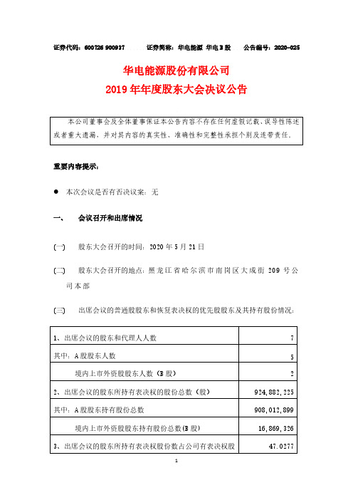 华电能源：2019年年度股东大会决议公告