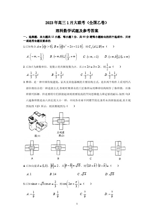 2023年高三1月大联考(全国乙卷)理科数学试题及参考答案