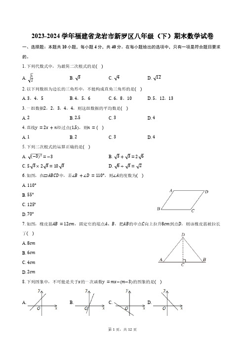 2023-2024学年福建省龙岩市新罗区八年级(下)期末数学试卷(含答案)