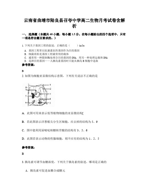 云南省曲靖市陆良县召夸中学高二生物月考试卷含解析