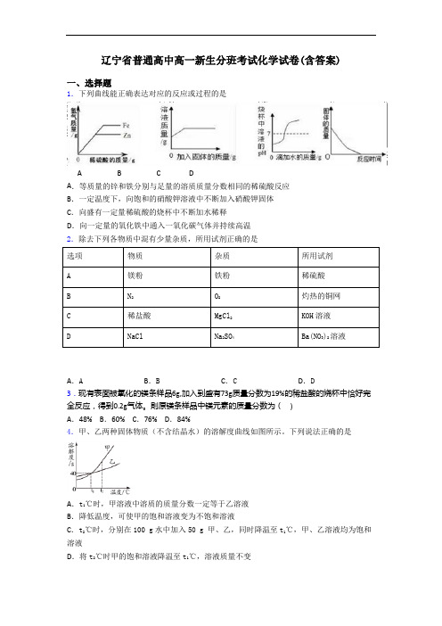 辽宁省普通高中高一新生分班考试化学试卷(含答案)