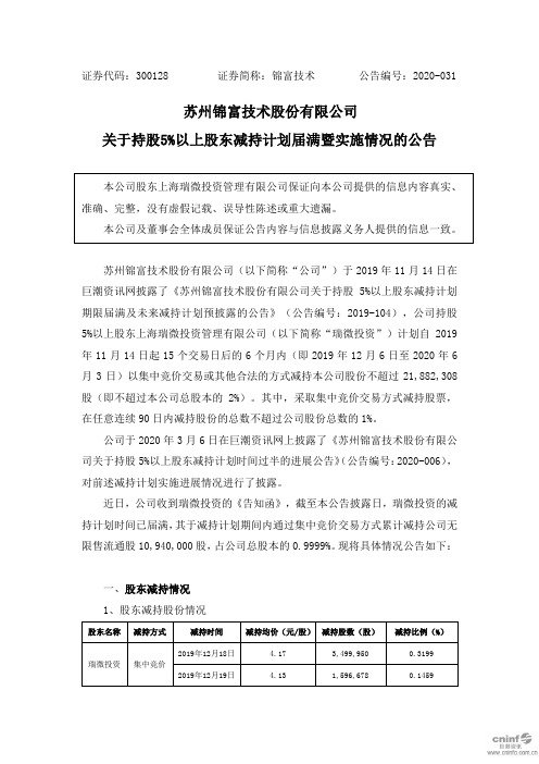 锦富技术：关于持股5%以上股东减持计划届满暨实施情况的公告