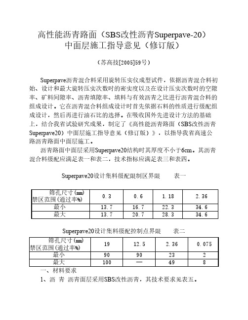 苏高技[2005]59号高性能沥青路面(SBS改性沥青Superpave-20)中面层施工指导意见(修订版)