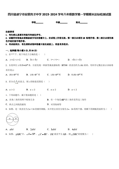 四川省遂宁市安居育才中学2023-2024学年八年级数学第一学期期末达标检测试题含答案