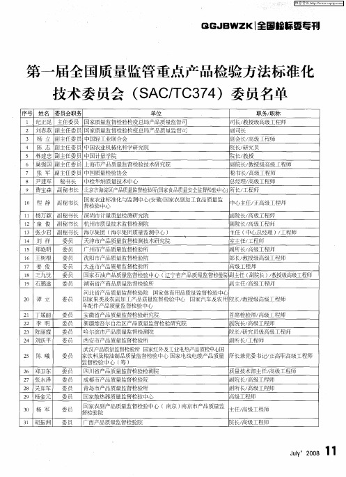 第一届全国质量监管重点产品检验方法标准化技术委员会(SAC／TC374)委员名单