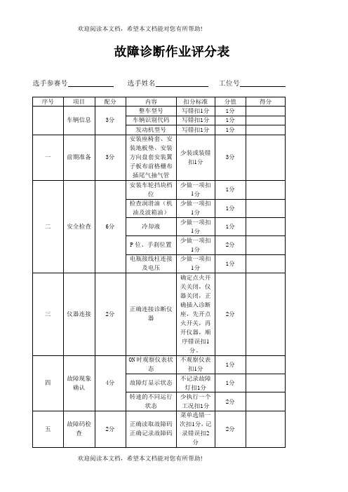 汽车故障诊断评分表