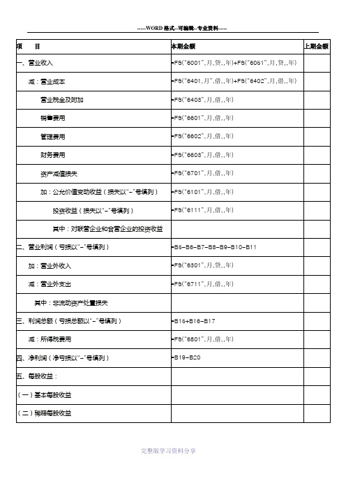 用友利润表公式