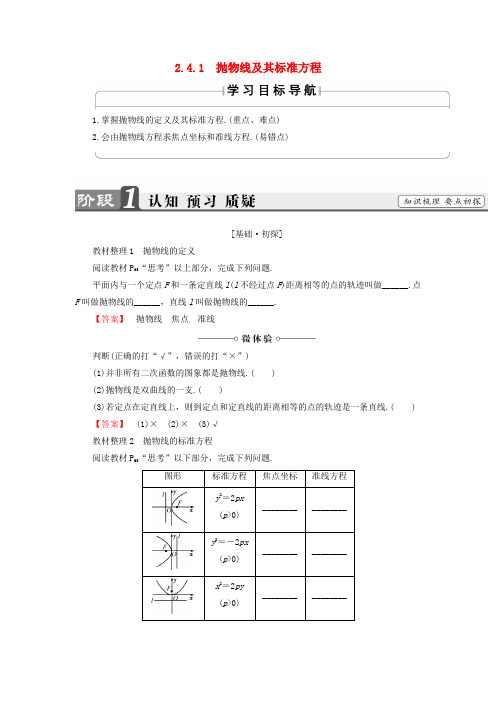 2018版高中数学第二章圆锥曲线与方程2.4.1抛物线及其标准方程学案新人教A版选修2-1