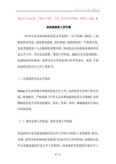 县民政政务工作年报