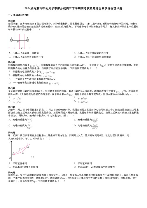 2024届内蒙古呼伦贝尔市部分校高三下学期高考模拟理综全真演练物理试题