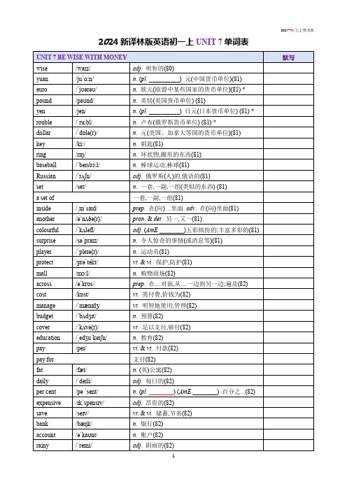 2024译林版英语初一上Unit 7 Be wise with money单词表