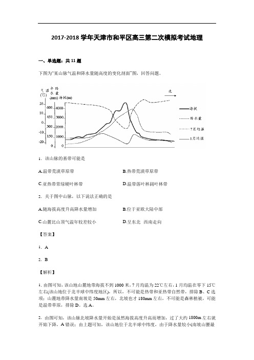 天津市和平区2017-2018学年高三第二次模拟考试地理试卷 Word版含解析