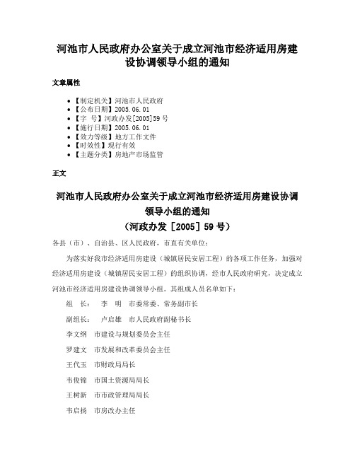 河池市人民政府办公室关于成立河池市经济适用房建设协调领导小组的通知