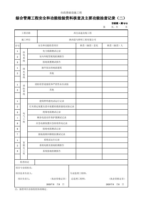 综合管廊工程安全和功能检验资料核查及主要功能抽查记录(一)(二)