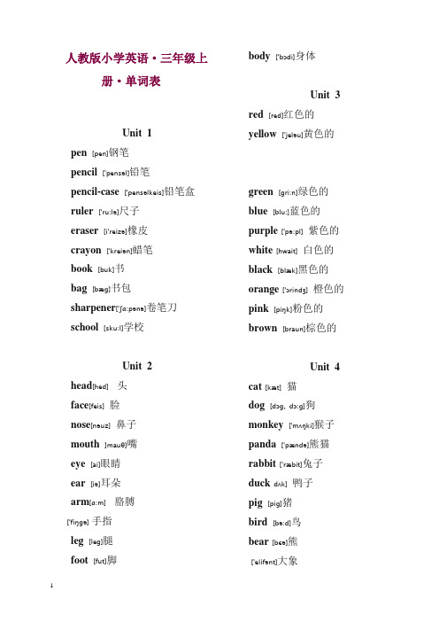 【精编】新人教版PEP三年级上册英语单词表(带有音标).doc