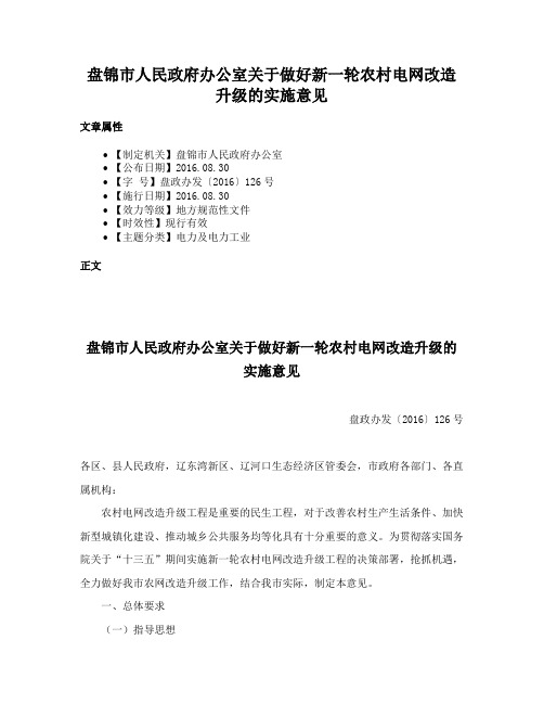 盘锦市人民政府办公室关于做好新一轮农村电网改造升级的实施意见