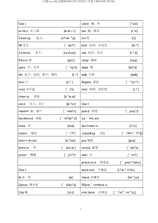 (完整word版)苏教版译林牛津小学英语三年级下册单词表(带音标)